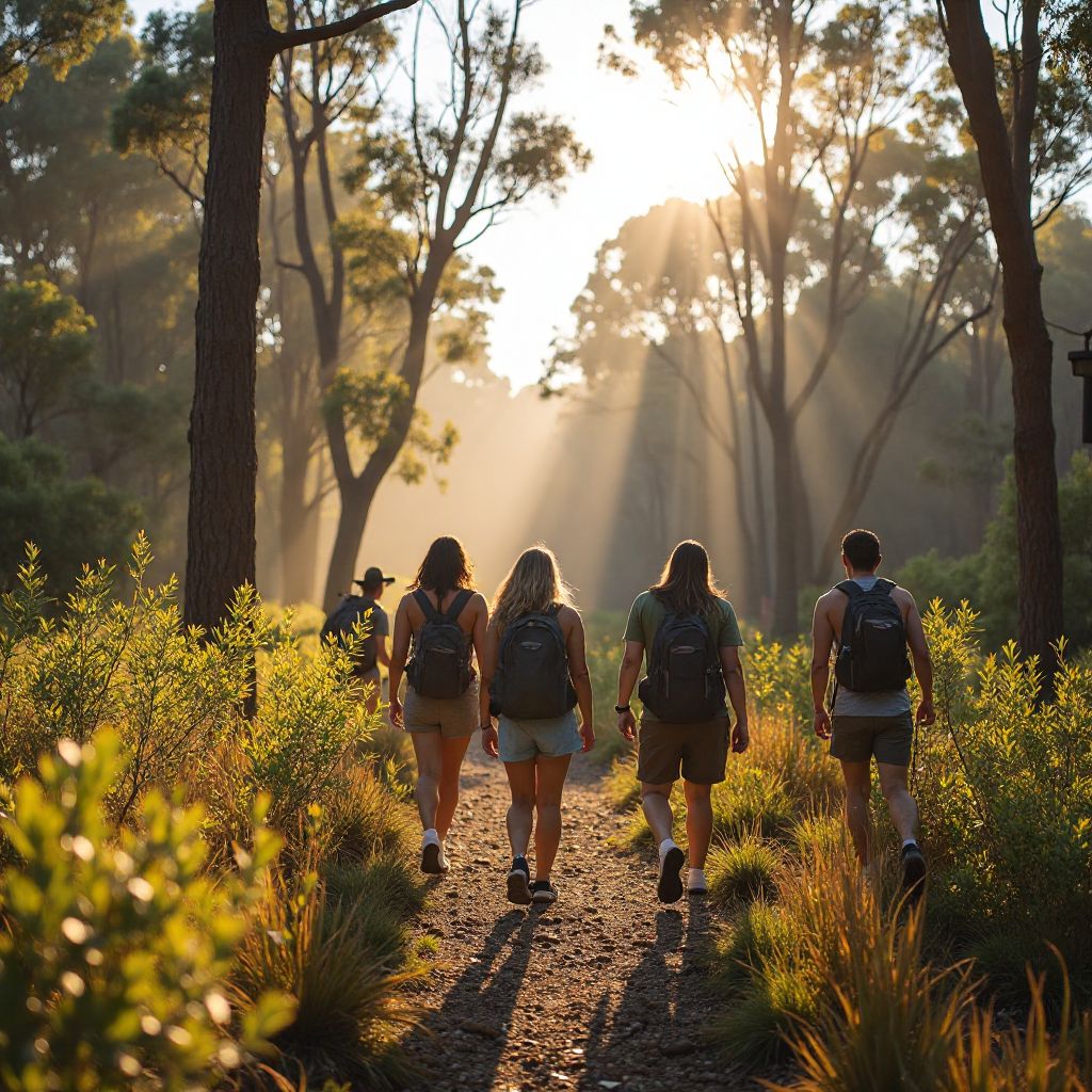 Team of guides walking through Australian bush